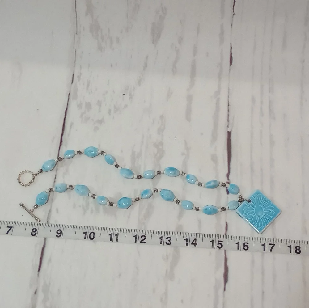 Blue Flower Ceramic Bead Necklace - Picture 10 of 14